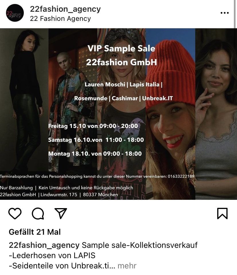 Screenshot Instagram: Modeagentur 22fashion (18.12.2021)